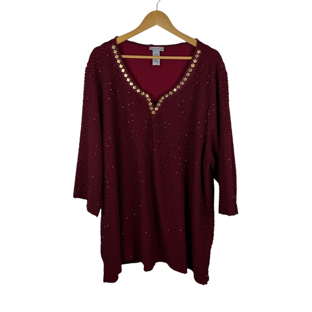 Wine Red Embellished V-Neck Knit Top